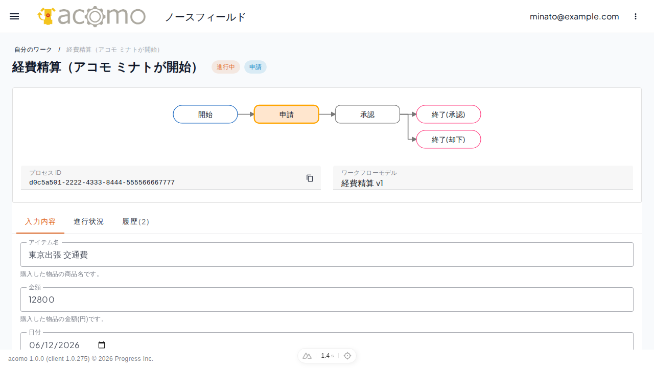 経費精算プロセスの詳細画面。フォームと「提出する」ボタン